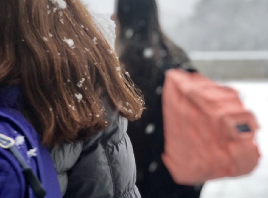 Students Nicole Arendt and Debbie Kitzler wear their backpacks when checking out the snow during class change.