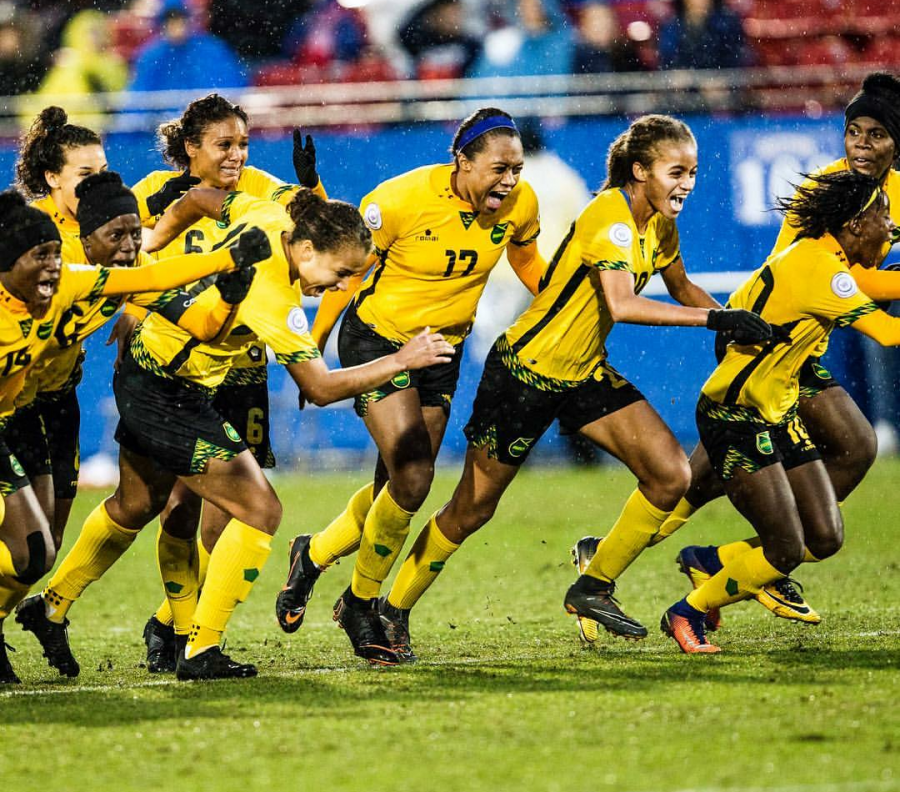 Giselle Washington, third from right, and other members of the Jamaican National Womens Soccer Team. Photo courtesy of Taylor Baucom for The Players Tribune.