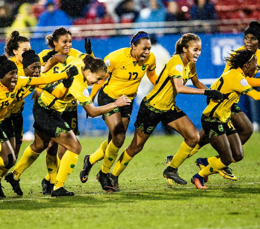 Giselle+Washington%2C+third+from+right%2C+and+other+members+of+the+Jamaican+National+Womens+Soccer+Team.+Photo+courtesy+of+Taylor+Baucom+for+The+Players+Tribune.