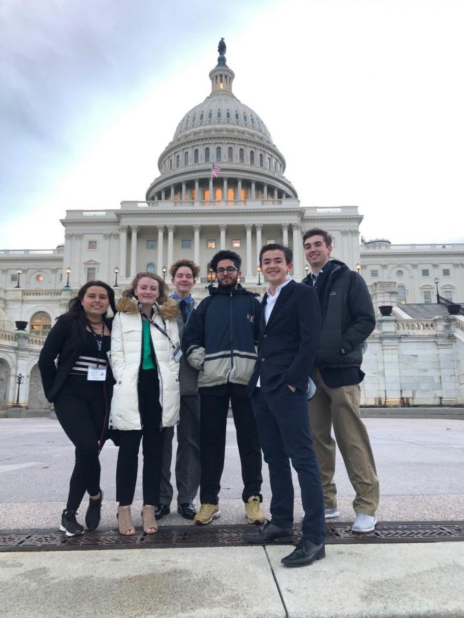 From left to right: CCHS students Victoria Ordonez, Hattie Carter, Jack Dillon, Sherwin Shirazi, Kieran Ferguson, and Brandon Lambert in front of the Capitol building in Washington, D.C.