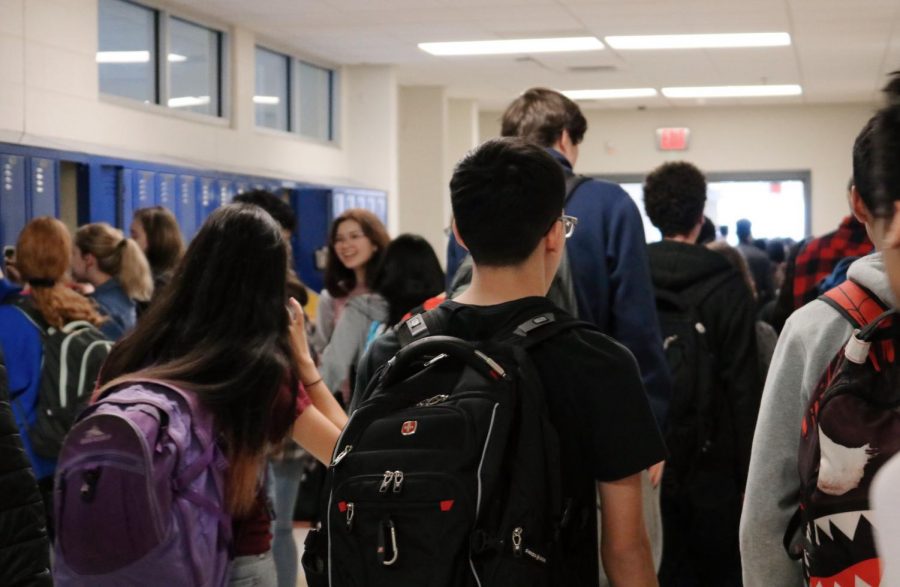 Students crowd the hallways during class changes.