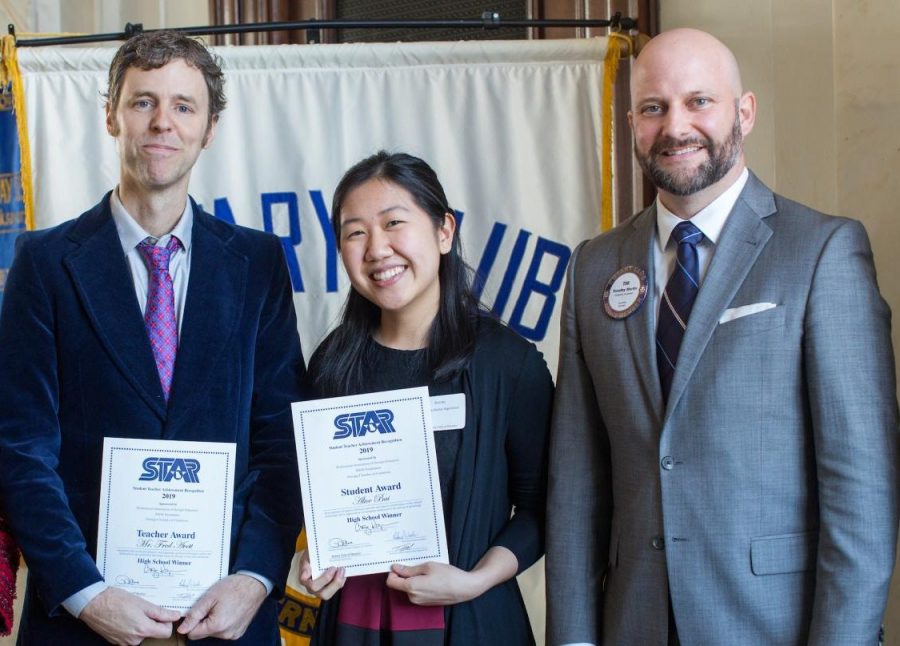 Alice Bai and Fred Avett at the STAR Student luncheon. From left to right: Fred Avett, Alice Bai, Rotarian Timothy Martin.