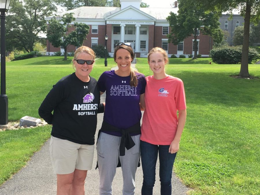 Lovejoy at Amherst with softball Head Coach Jessica Johnson (middle) and Assistant Coach Julie Bolduc (left).