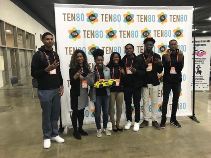 Ten80 racing team from left to right: Jalen Sanders, Lucretia Gant, Rachel Jordan, Caiah Smith, Renaldo Whitman, Sean Nelson, and Habib Diallo