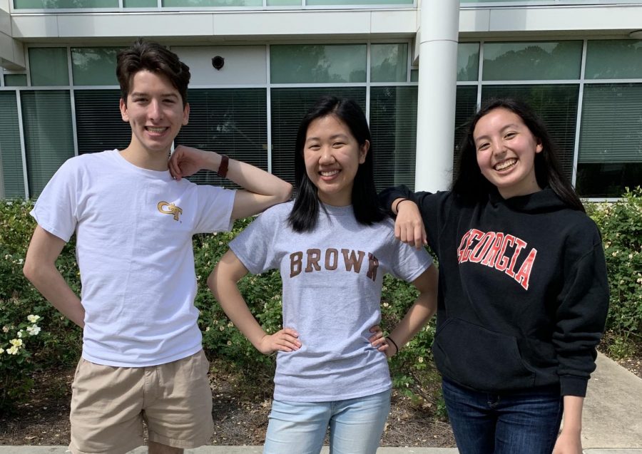 Alice Bai (center) stands with her fellow editors on College Decision Day. She chose Brown.