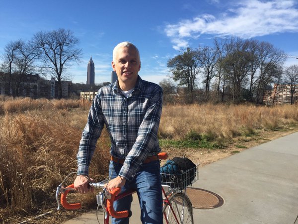 Gravel pictured biking on the BeltLine.