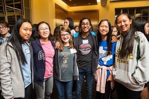 Senior Catherine Cossaboom (third from the left) poses with friends at the Math Prize for Girls competition at the Massachusetts Institute of Technology.  