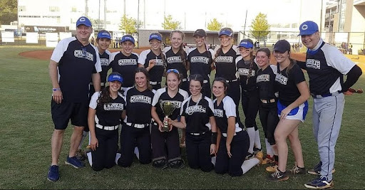 Chamblee Softball posing with their trophy after advancing to the state championship tournaments Elite Eight.