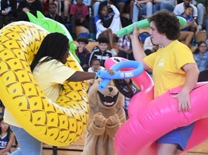 Students often compete in games during pep rallies. Pictured here is current student body president Joanna Louis-Ugbo