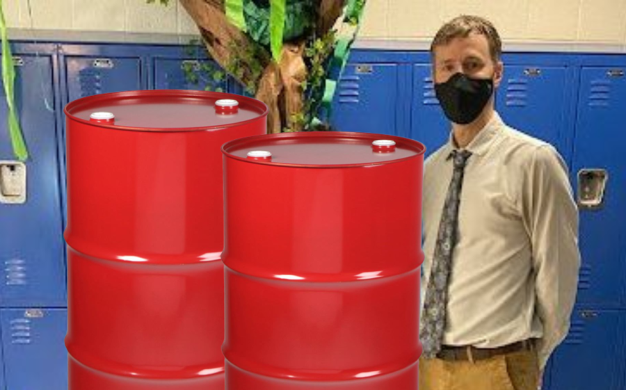 Mr. Avett was seen walking out of the school Friday rolling two metal drums filled with an unknown substance