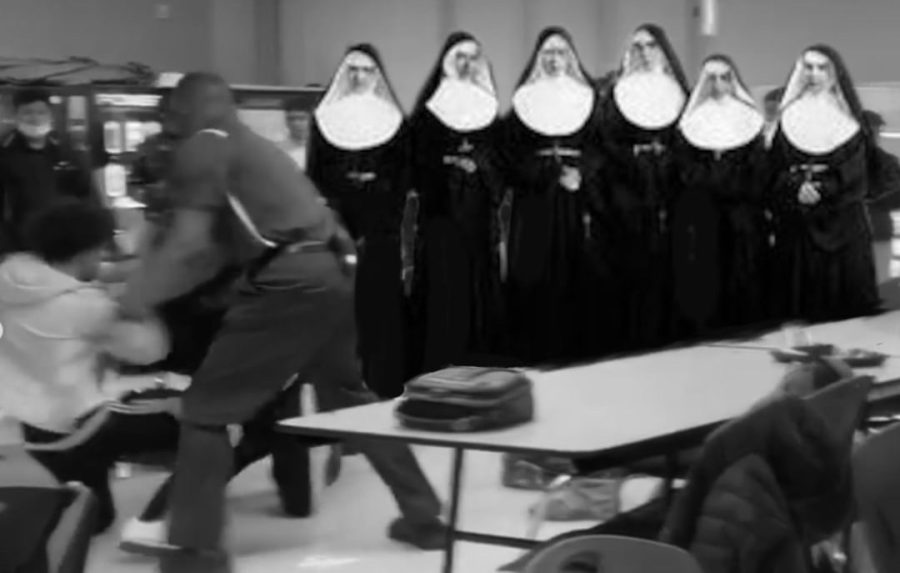 Nuns speak silent prayers during fight