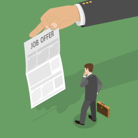 A small, cartoon businessman stands on a flat green background in front of a sheet of paper titled Job offer that is held by a big hand