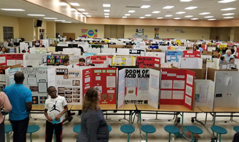 A hall filled with tri-fold boards showing science fair projects