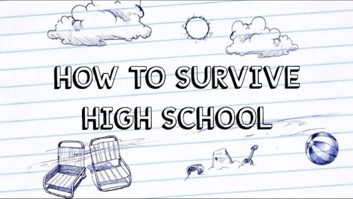 How to Survive High School written on lined paper with a beach scene