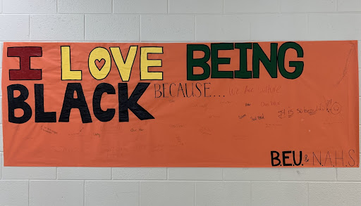 "I love being Black" poster as seen on the second floor. The poster, sponsored by BEU and NAHS, included space for African American students to what they love about being Black.