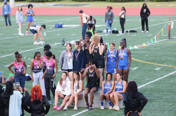 The podium for the girls 4x4 at the 2023 Regional Track and Field Championships. Courtesy of Chamblee Track and Field