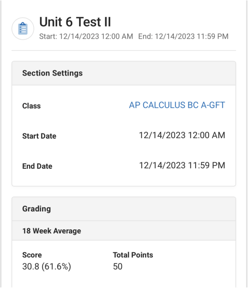 A picture of Infinite Campus showing Unit 5 AP Calculus BC test results. Photo courtesy of Elijah Ritchey (25).