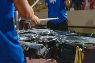 The marching band percussion section performing at their first game. Photo Courtesy of Olive Kye Smith.