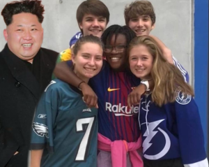 Kim Jong Un posing with the students. Doesn't he look like a fun guy? Photo Courtesy of @skibbidi_kimmy_j_inNK.