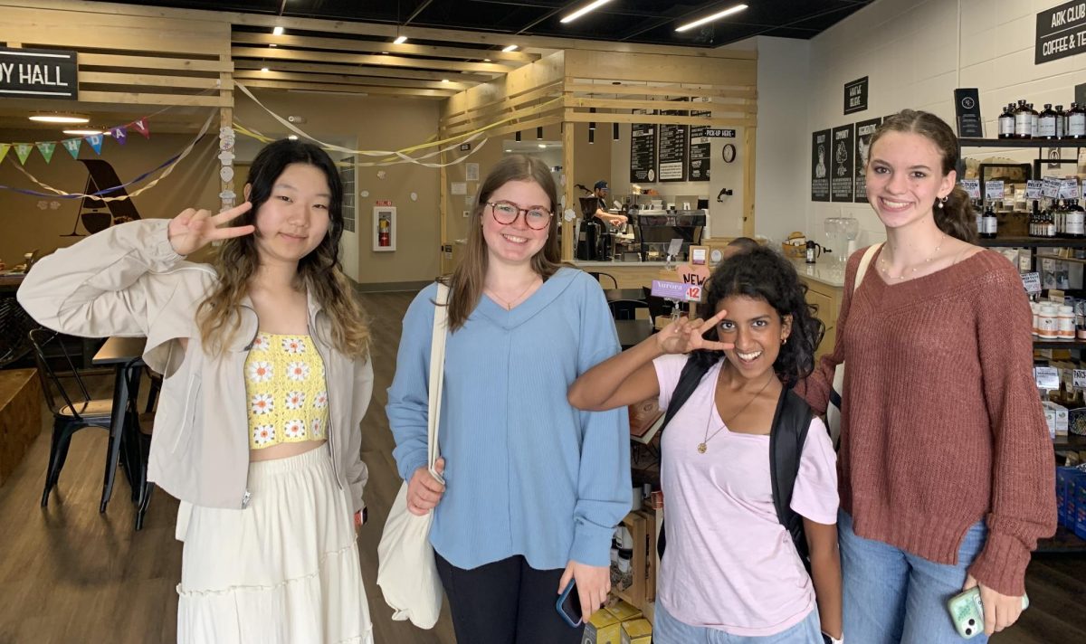 The author’s besties: Sophie Price (‘26), Omandee Karunanayake (‘26), Gia Choy (‘26), and Cora Scherrer (‘26) posing in Ark Coffeehaus after a fantastic study session. Photo Courtesy of Finley Malone