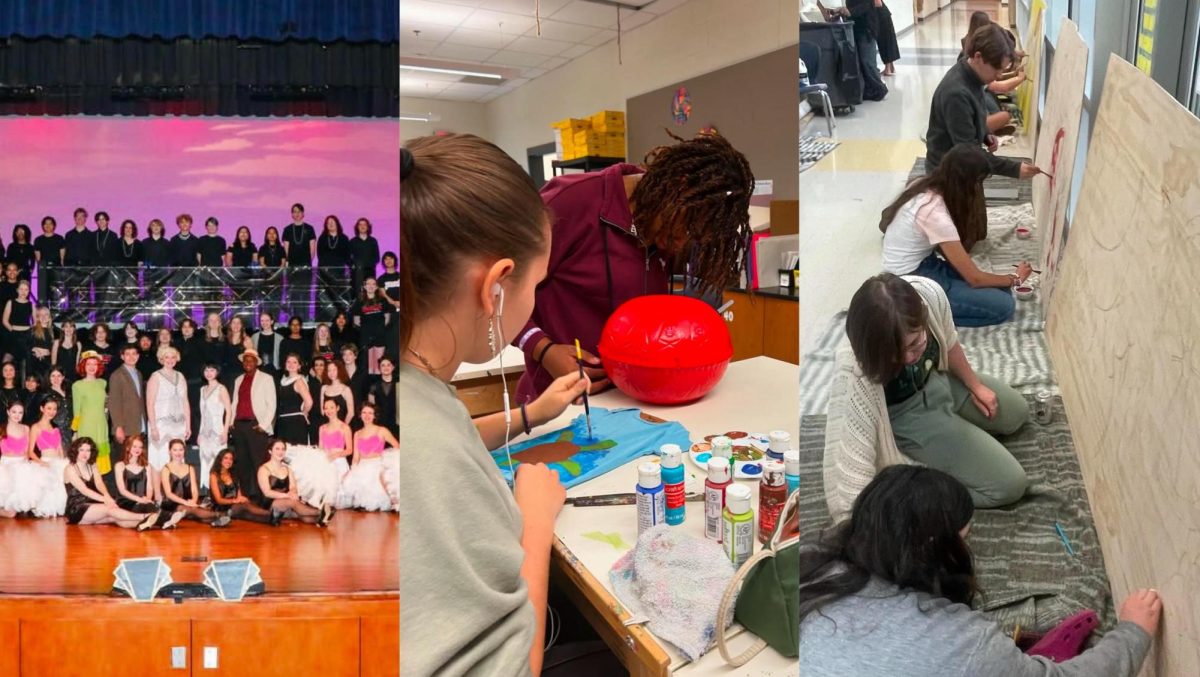 The photo on the left is of the cast, crew, and pit after the production of Chicago The Musical: Teen Edition (2024). The middle and right photos are of students painting in CHS art club, painting a mural and creating other art projects.
Photos from @chambleeartclub and @chambleeonstage Instagram accounts.
