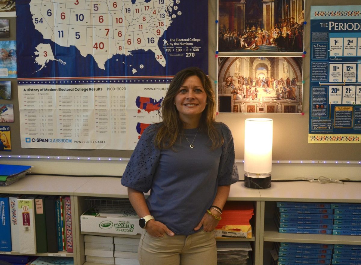 Ms. Holtzman posing in one of her classrooms. Photo by Michael Bryant.