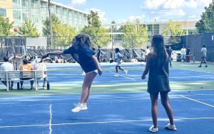 The Chamblee Pickleball Club playing a match on the Chamblee tennis courts. Photo courtesy of Rachel Belknap.
