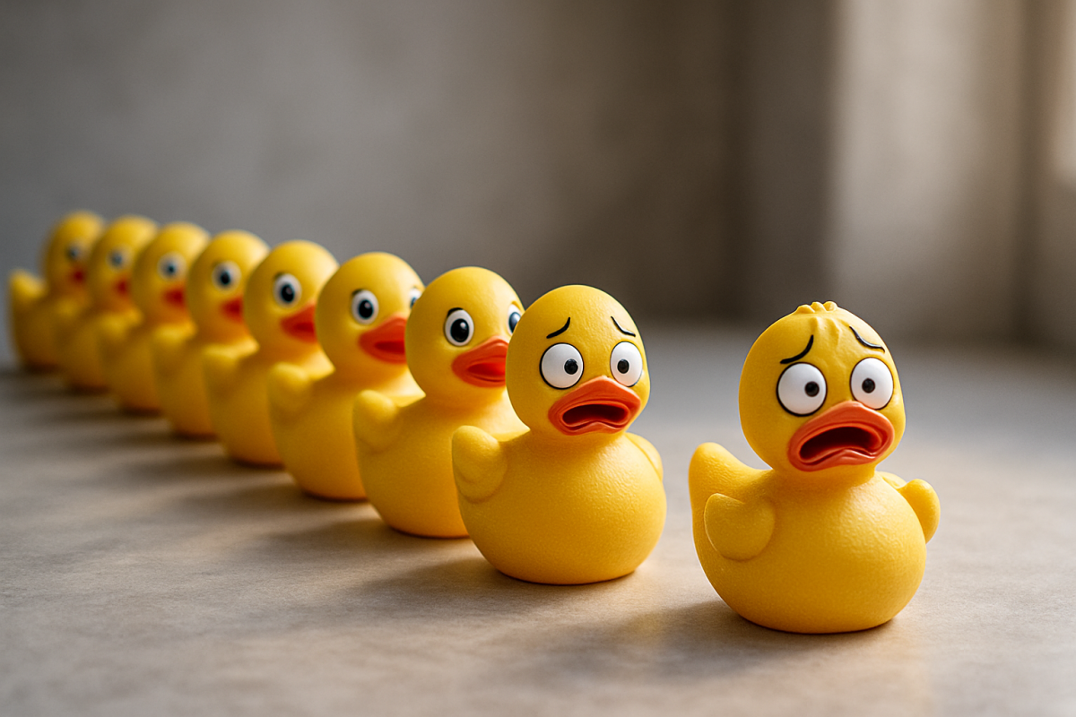 ChatGPT image generated using the prompt: "create me an image of a bunch of rubber duckies in a row but with one rubber ducky out of the row with a panicked look on its face."