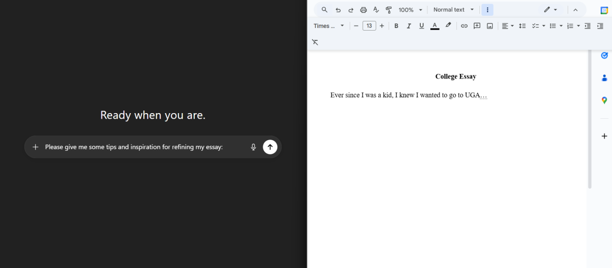 A split-screen of ChatGPT and the draft of a college essay. Photo by Michael Bryant.
