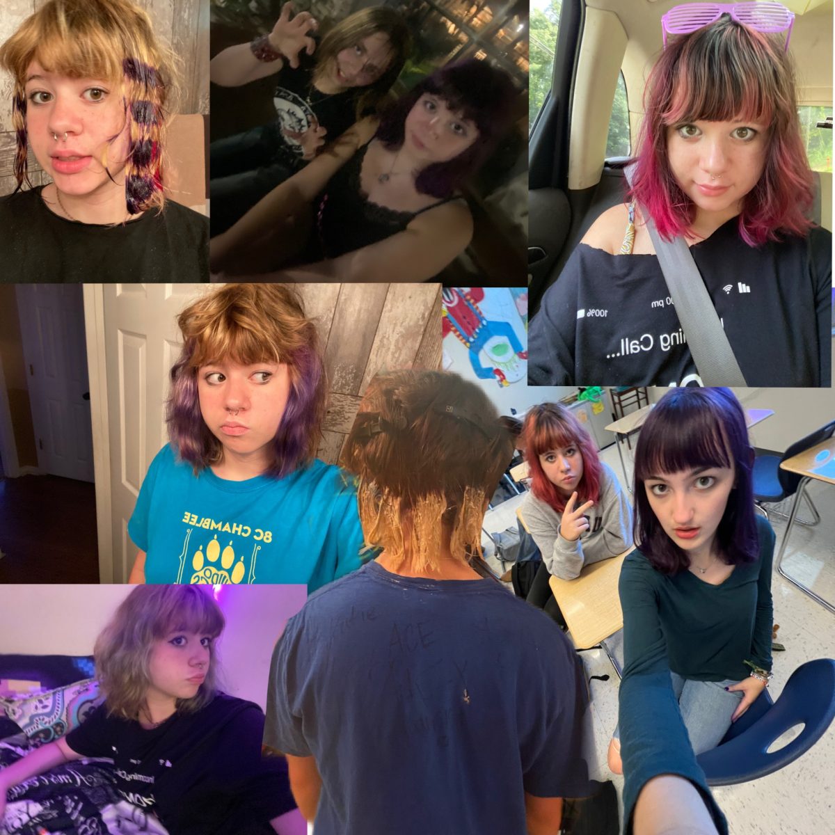 Collage of the author and others in the process of dyeing hair/ having colored hair. Collage and photos courtesy of Sasha Lapayeva (‘27). 
