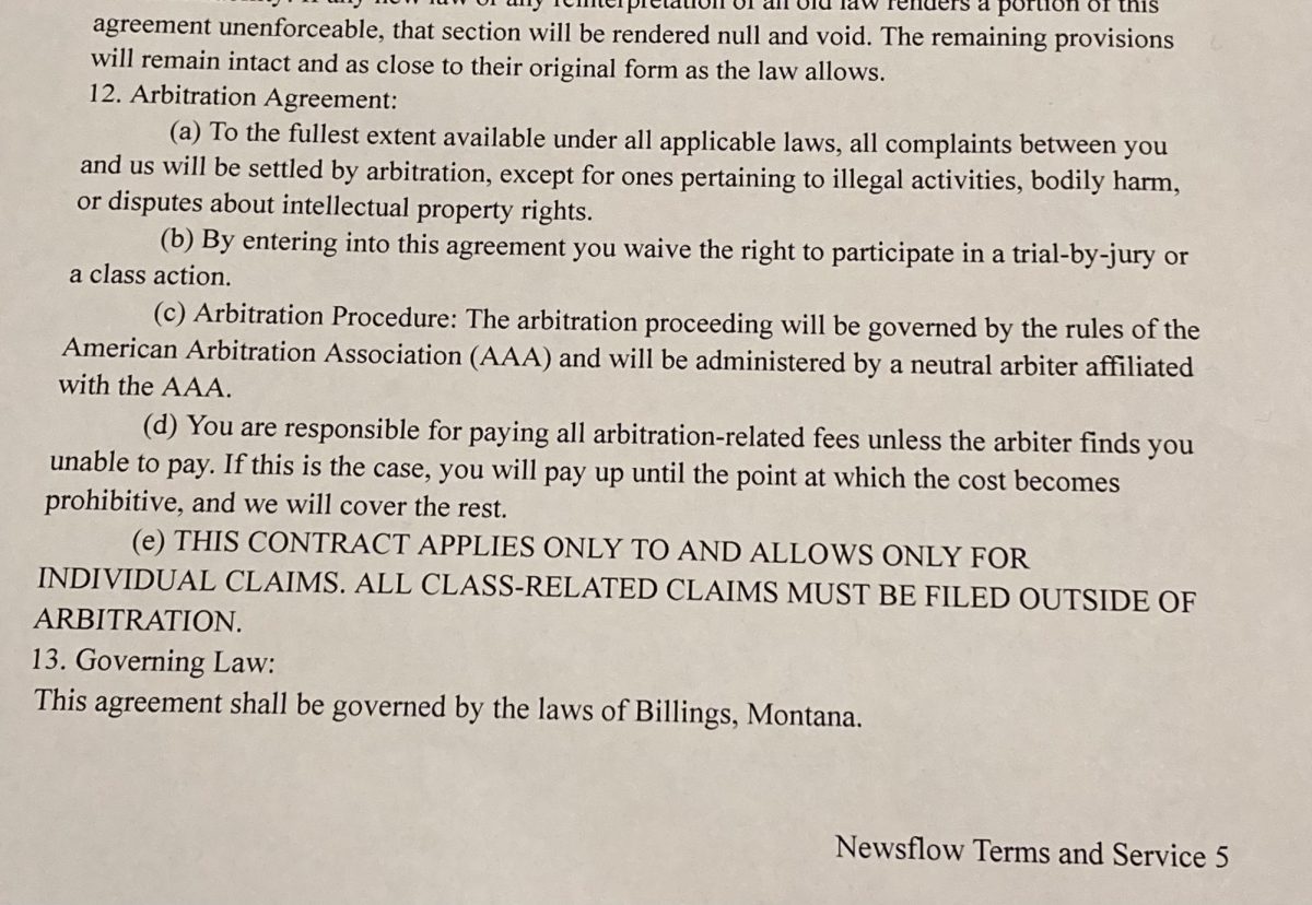 A photo of an Arbitration agreement on the fifth page of a different Terms and Service Agreement. Photo Courtesy of Jackson Lee.