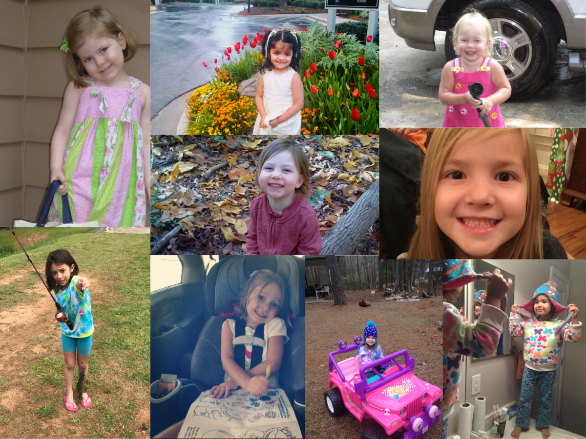 Collage made by author depicting various students’ childhood photos. Photos courtesy of Cora Scherrer (‘26), Diya Vacha (‘27), Mallory Williams (‘26), Ellie Owens (‘27), Katherine Thomas (‘27), Abby Flood (‘28), Sadie Thomson (‘28), Alice Fulmer (‘28), and Devanshi Malik (‘28).
