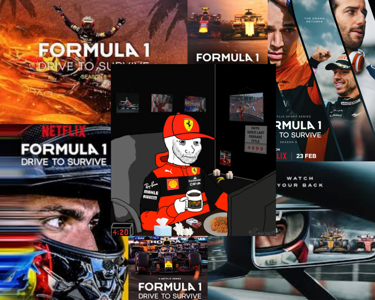 Drive to Survive posters around a typical Ferrari fan. Photo by Eli Lineberry.