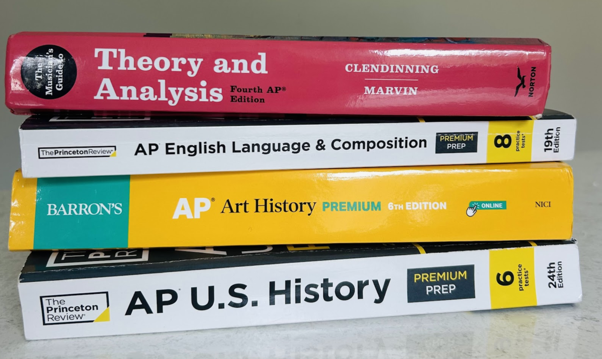 A stack of textbooks for AP classes. Photo by Sydney Moss.