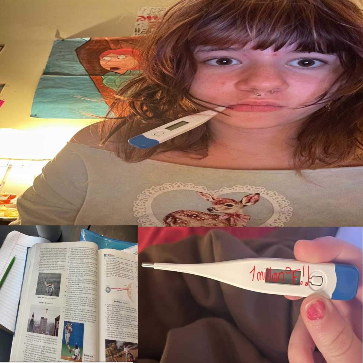 A collage of the author sick in bed DYING, along with a Physics textbook.
Photo by Sasha Lapayeva (‘27).
