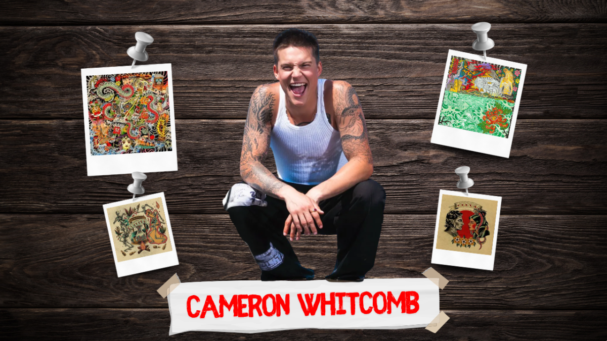 Cameron Whitcomb and some of his album/EP covers. Photo created by Eli Lineberry.